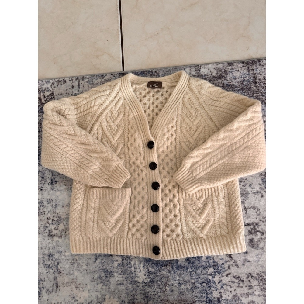 Aran Woollen Mills Merino Wool Women's Cream Cleggan Cardigan L Cableknit Wow